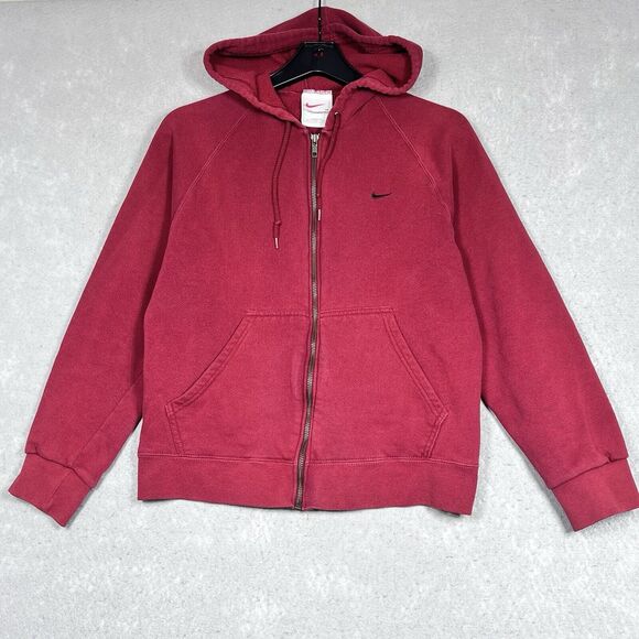 Vintage Y2K Nike Sweatshirt Womens Medium Red Swoosh Full Zip Pullover Hooded - Picture 1 of 11